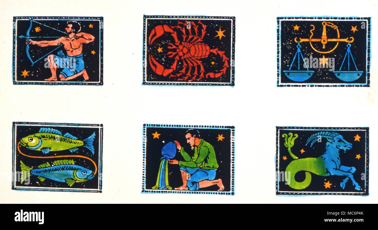 Six images de tous les signes du zodiaque, de la balance aux poissons. À partir d'une séquence zodiacale conçu en 1911. 2004 Charles Walker / Banque D'Images
