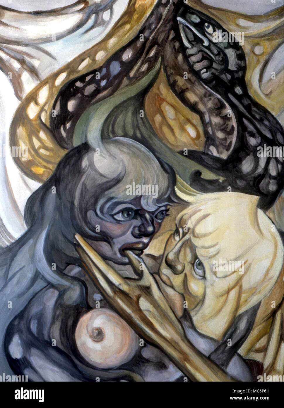 Serpent Adam et Eve avec le serpent dans le jardin d'Eden. Peinture de Fay Pomerance, maintenant dans la collection de Charles Walker Banque D'Images