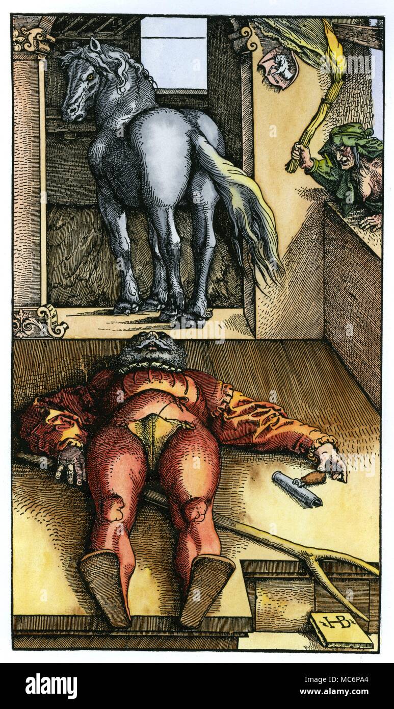 La part stable ensorcelé' - une main-d'impression gravure sur bois en couleur par Hans Baldung Grien, vers 1534. Le hag-sorcière, se penchant sur le rebord de la fenêtre, semble avoir maudit le stable-côté, qui se trouve dans une stupeur sur le sol. Remarque le bras [par le feu-marque dans la main de la sorcière] qui dépeint une licorne. Banque D'Images