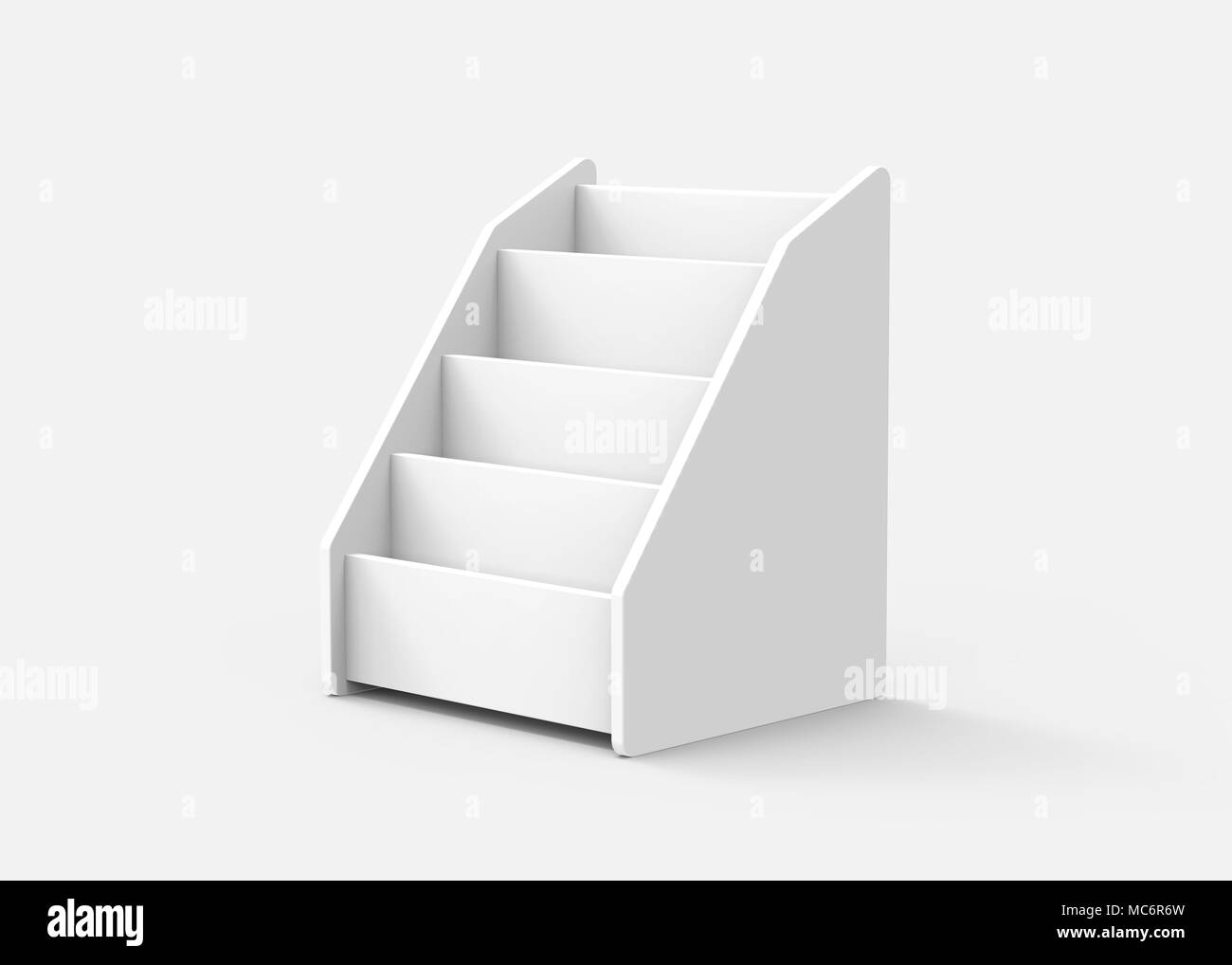 Table en carton, rack stand blanc rendu 3D ou les feuilles de papier pour brochure Banque D'Images