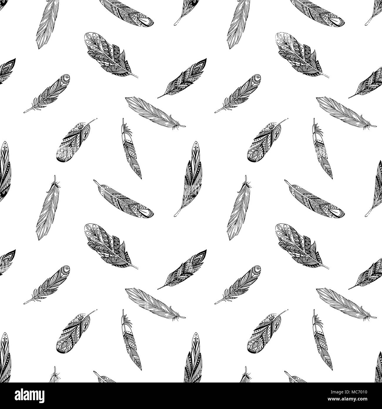 Motif ethnique homogène avec des plumes. Plumes Tribal Vintage Pattern. Esquisses à la main. Illustration de Vecteur