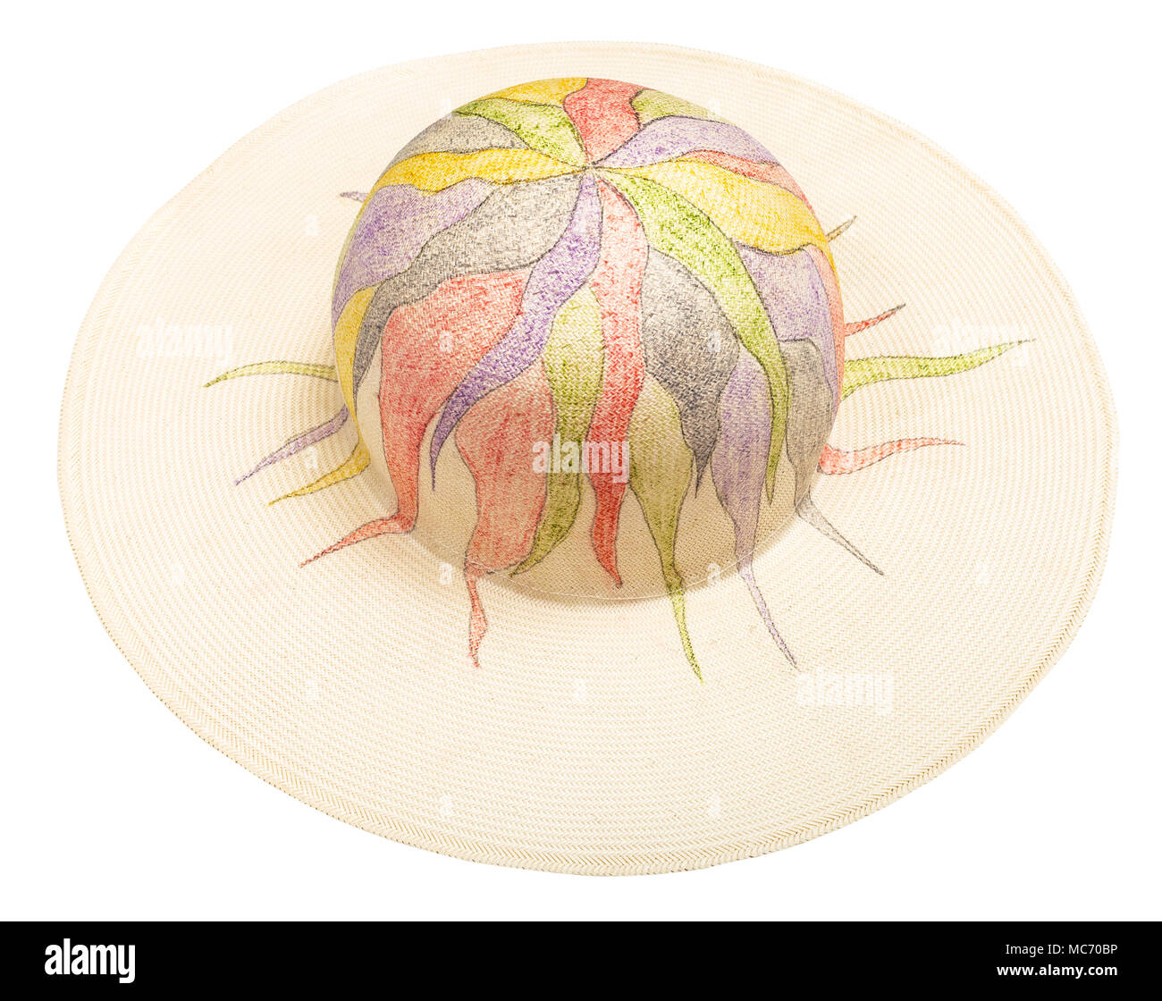 Voir ci-dessus de chapeau de paille à bords larges et couronne peint isolé sur fond blanc Banque D'Images