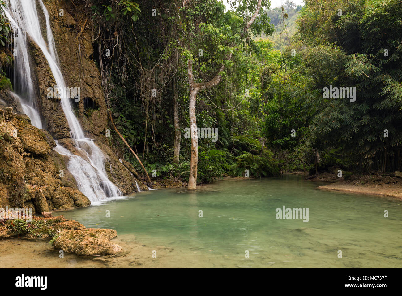 Voir d'idylliques Khoun Moung Keo cascade, étang et arbres luxuriants près de Luang Prabang au Laos. Banque D'Images
