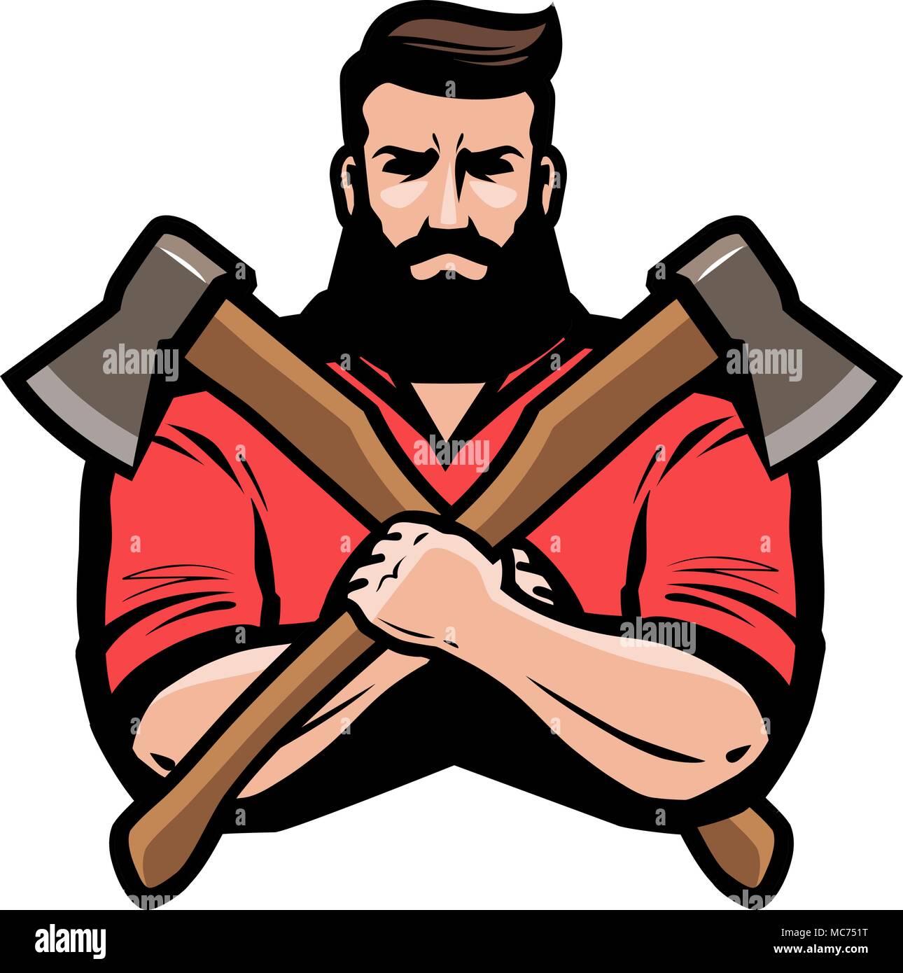 Scierie, menuiserie, charpenterie logo ou label. Lumberjack détient des haches croisées dans les mains. Cartoon vector illustration Illustration de Vecteur