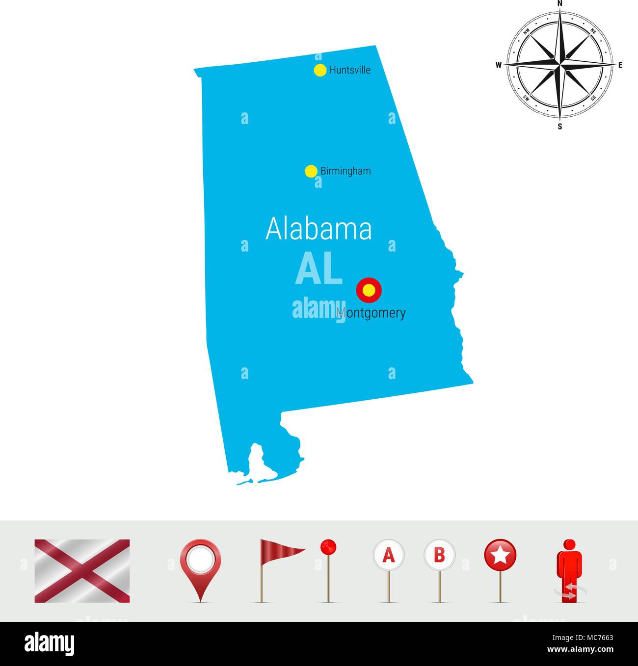 Alabama Carte vectorielle isolé sur fond blanc. Silhouette très détaillés de l'Alabama State. Drapeau officiel de l'Alabama Illustration de Vecteur
