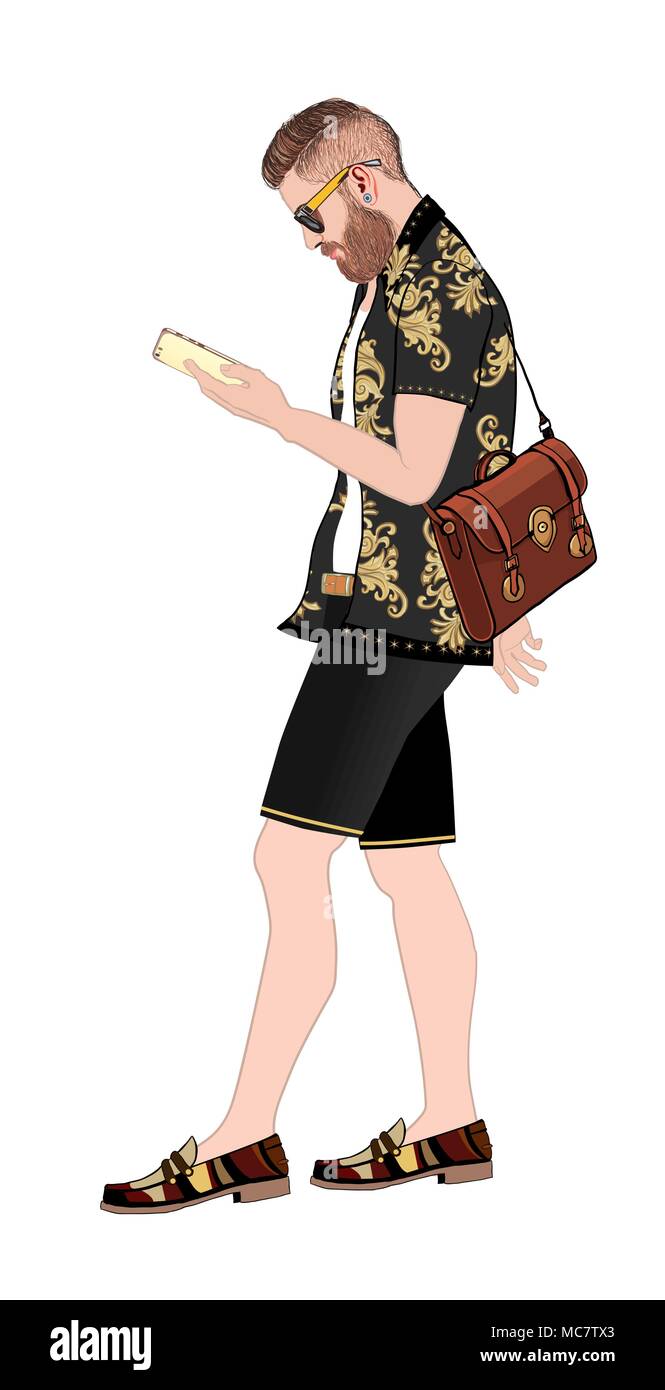 Avec le smartphone et l'Hipster marche sac - vector illustration Illustration de Vecteur