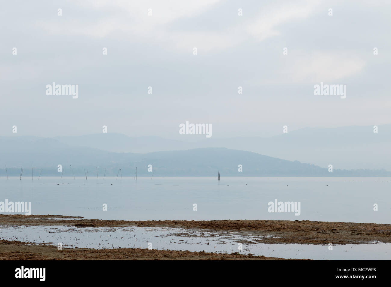 Vue du lac Trasimène minimaliste à l'aube de la rive avec des teintes douces Banque D'Images