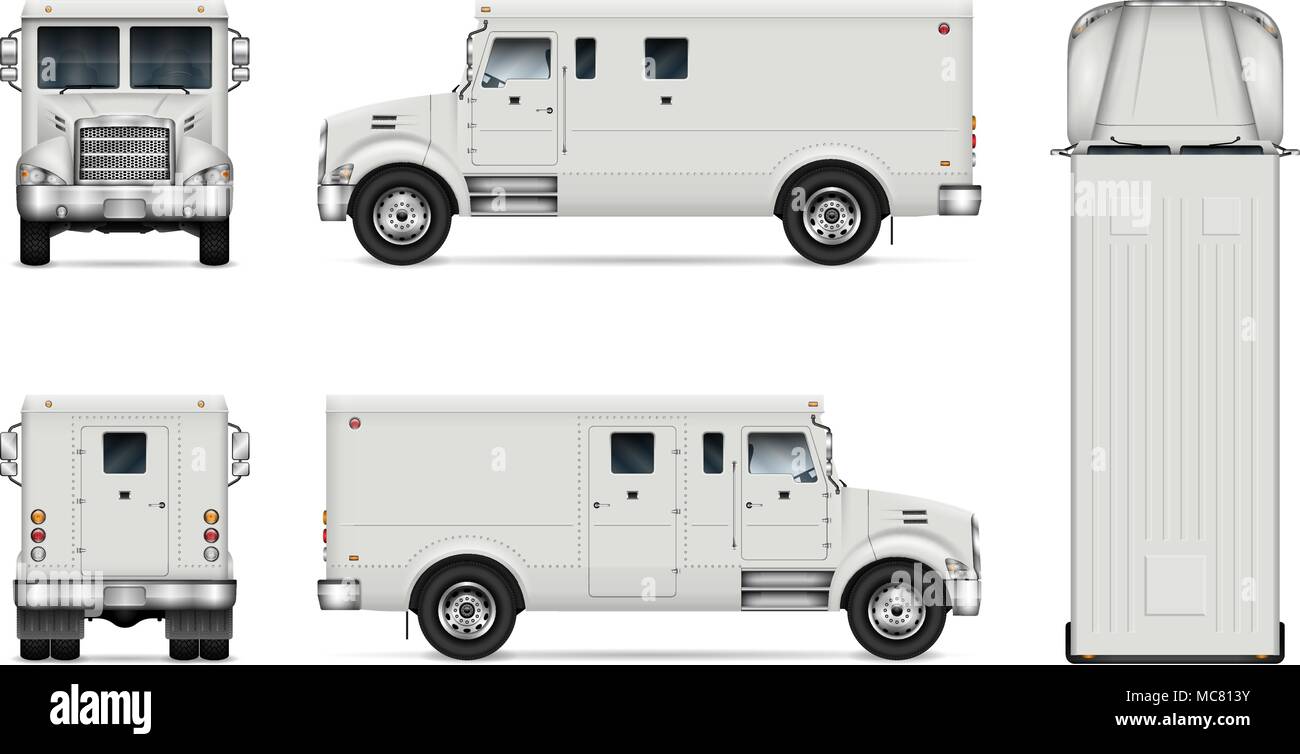 Armored truck vector mock-up. Modèle isolé d'armor van sur blanc. Maquette des véhicules. Côté, avant, arrière, vue d'en haut. Facile à éditer et modifier les couleurs. Illustration de Vecteur