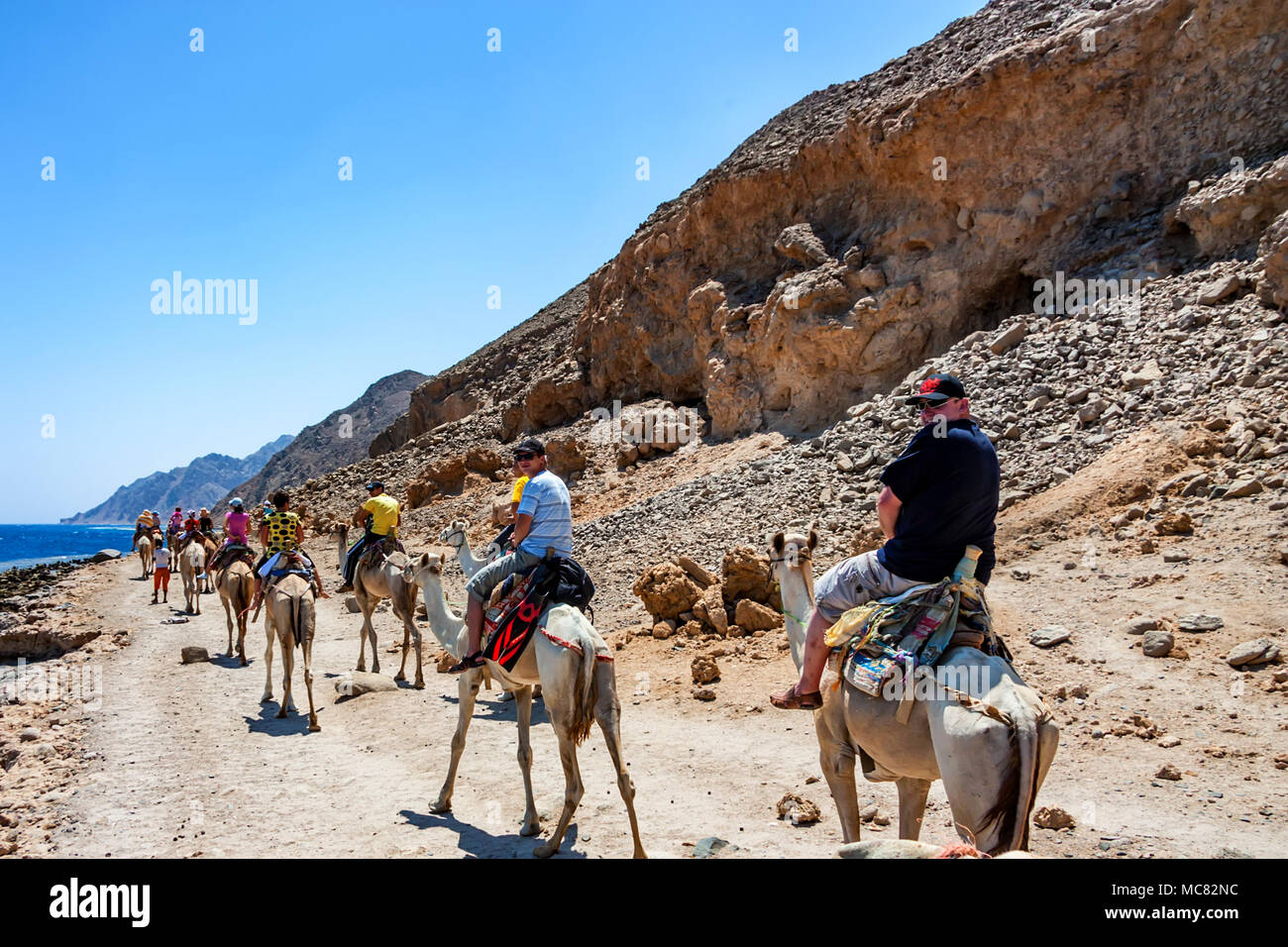 DAHAB, EGYPTE - le 26 août 2010 : Groupe de touristes allant pour une meharée dans Abu Galum, l'Égypte avec les nomades. C'est parmi les plus pittoresques d'un protégé Banque D'Images