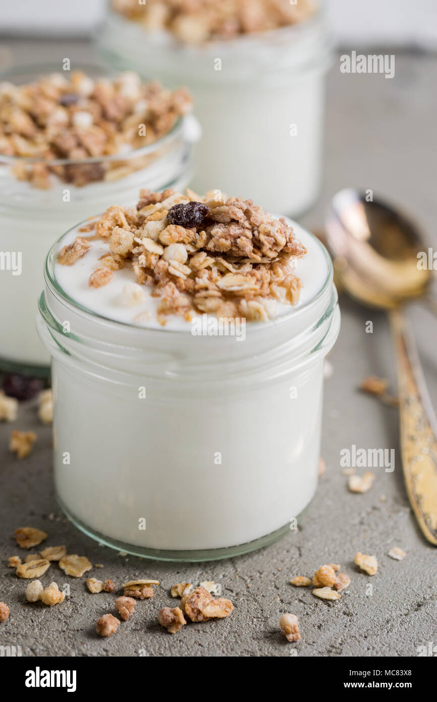 Yaourt au muesli fait d'avoine, raisins secs, riz soufflé, de chocolat et de bananes séchées. Petit-déjeuner sain pour la famille. Alimentaire sain. Banque D'Images