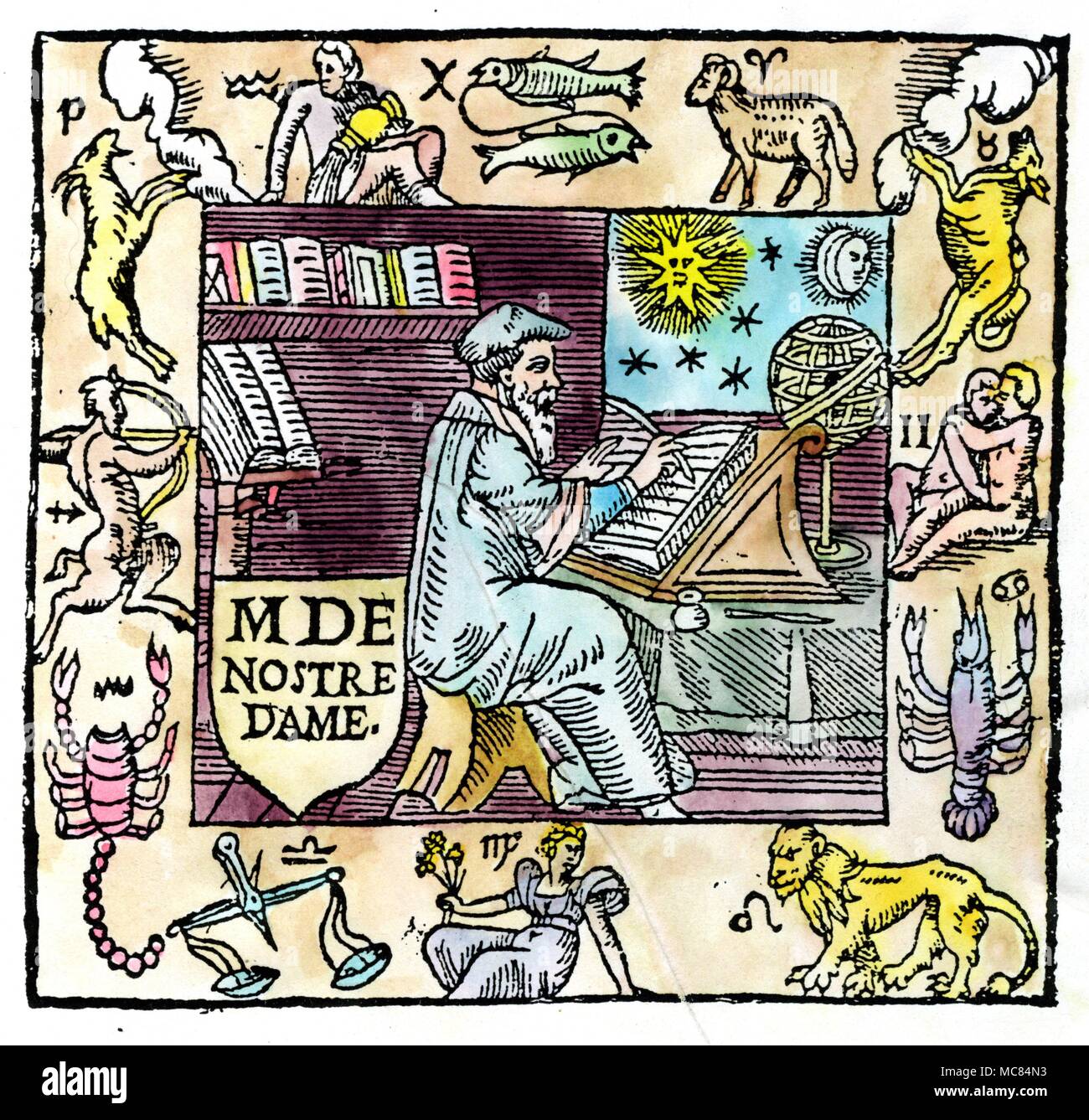 Nostradamus au travail dans son étude, avec un son surround rectangulaire représentant les douze symboles pour les signes du zodiaque, avec leurs cachets. Vignette de Nostradamus' 'Les significations de l'Eclipse... 1559.' Banque D'Images
