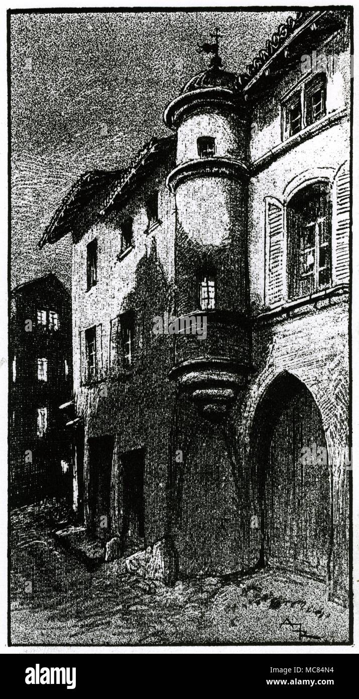 Lithographie représentant une maison de Saint Remy on croyait, à tort, ont été le lieu de naissance de Nostradamus. D'Albert Robida, 'La Vieille France' [1893]. La maison existe toujours dans la Rue Carnot, mais n'était pas le lieu de naissance du savant. Banque D'Images