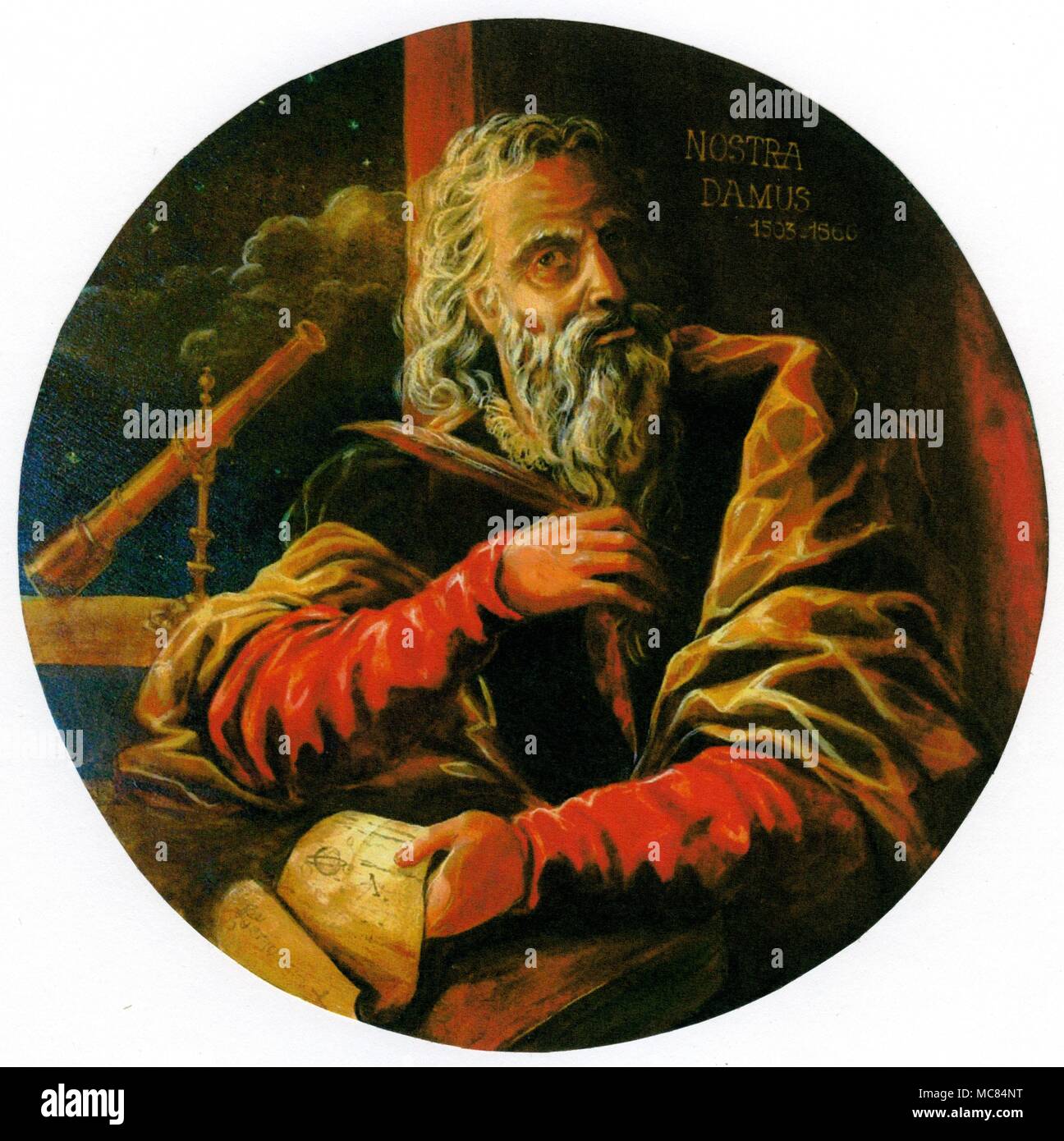 Tondo, peint à l'huile : portrait de Nostradamus. Vingtième siècle, mais probablement peint pour simuler une période beaucoup plus tôt. Dans le hall de l'hôtel Valruges, Saint-Remy [Provence]. Banque D'Images