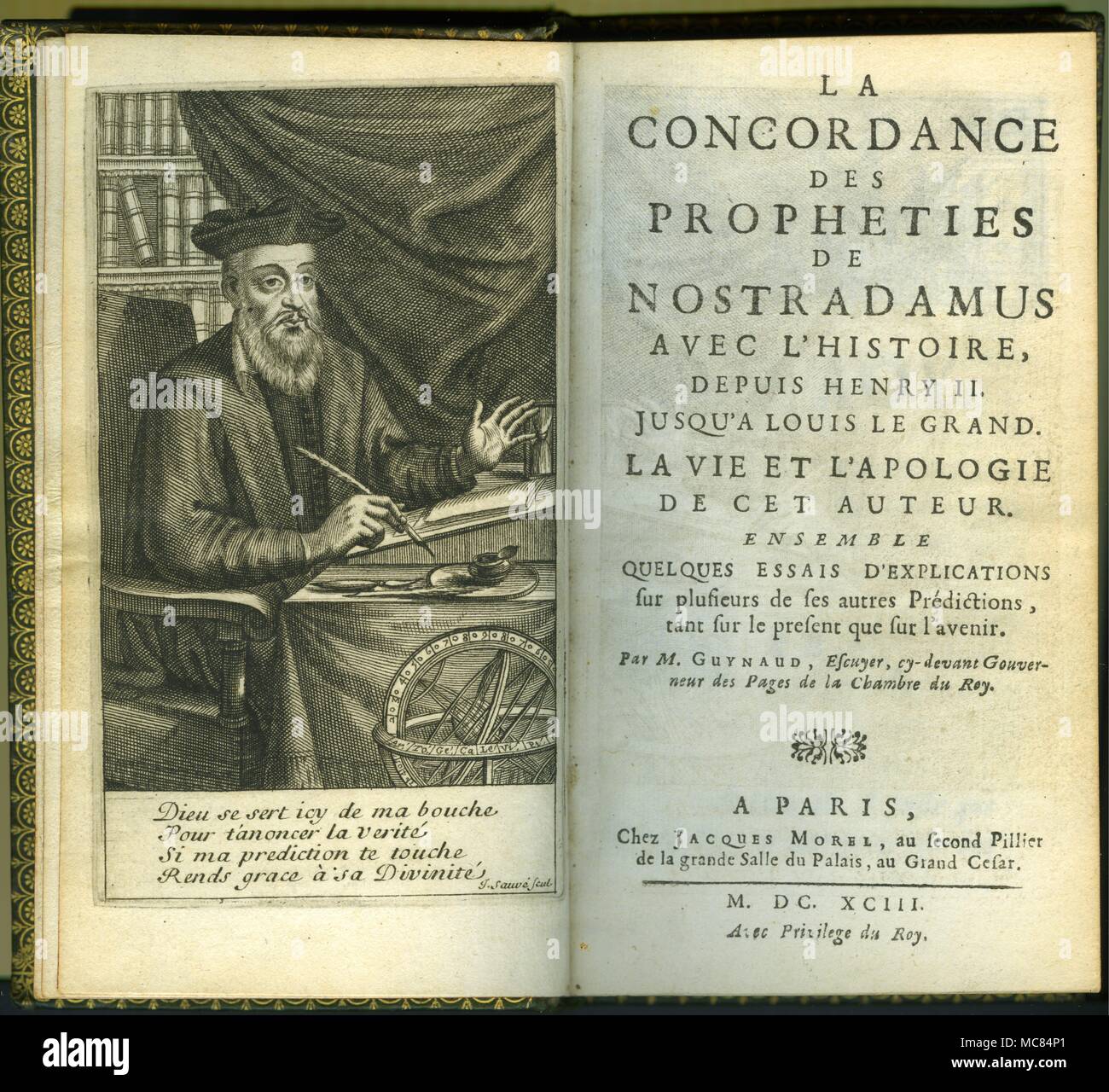 L'édition 1693 de l'importante étude de Guynaud Nostradamus, "La concordance des Propheties...', publiée à Paris par Jacques Morel. À partir de la bibliothèque de David Ovason. Banque D'Images