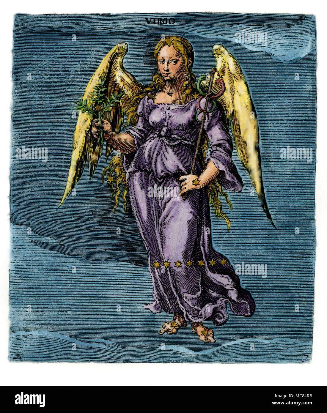 La Vierge, la jeune fille céleste, d'un dix-septième siècle à la main, gravure, qui est lui-même basé sur la 9e siècle Aratus mss. à Leyde. Aratus est né environ 315 BC en Soli, et a écrit son travail sur l'étoile pour la règle de Macédoine. Banque D'Images