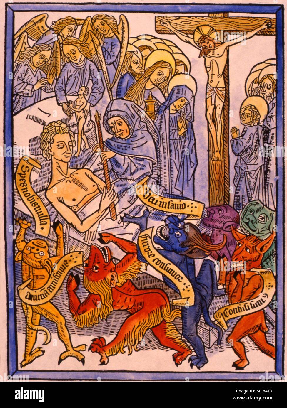 Gravure sur bois allemande 'Ars Moriendi', de circa 1470 représentant une scène de mort avec les démons et les anges qui luttent pour l'âme de l'homme sying : l'ange semble avoir gagné la lutte. Banque D'Images