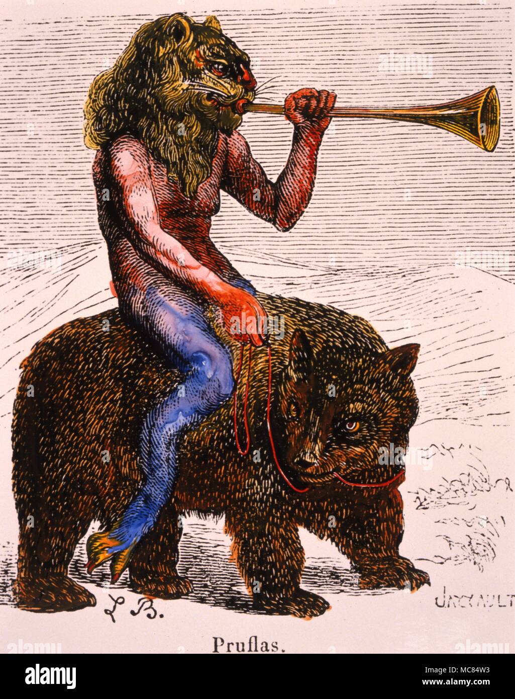Le démon Pruflas, avec tête de lion, qui apparaît généralement à conjuration soufflant de la trompette, et d'équitation un ours-comme créature. De Collin de Plancy's 'Dictionnaire' Infernal [1863]. Banque D'Images