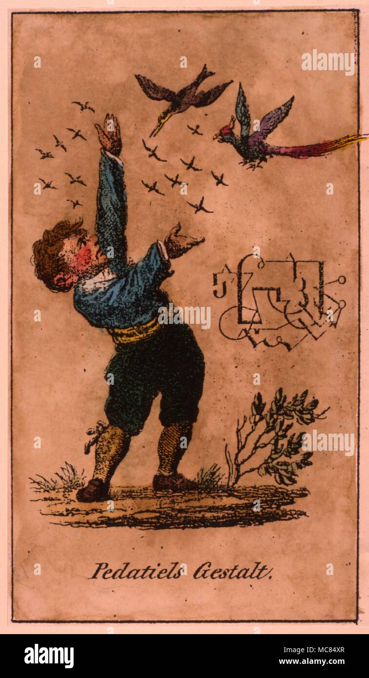 Le démon Pedatiel avec son cachet distinctif, et un vol d'oiseaux. À partir de la plaque lithographique autrichienne Schiebel's 'Faustbuch" de 1860. Banque D'Images