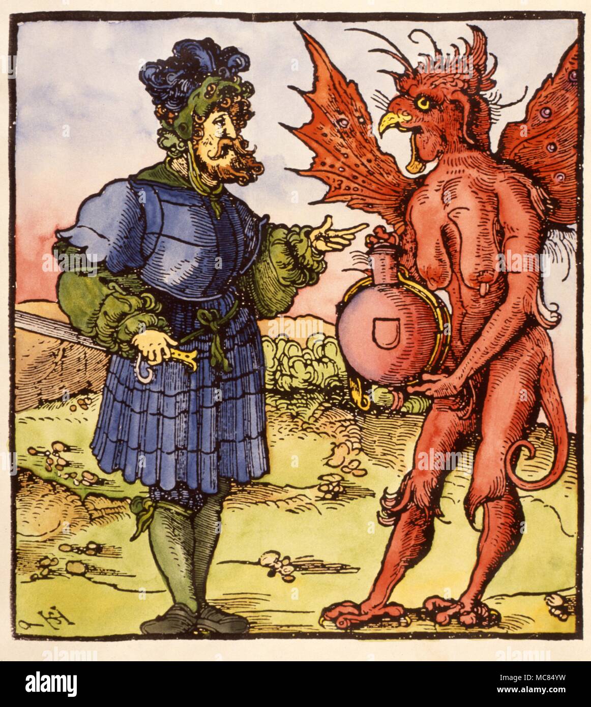 Démon, avec un visage d'oiseaux, face à un chevalier allemand. Xve siècle par gravure sur bois allemande "H.S." Banque D'Images