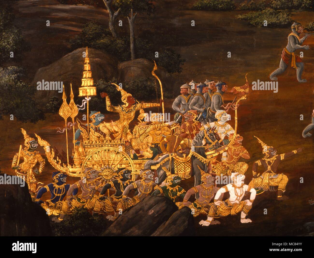 Démons Dans un char de guerre, et bien armés. Dix-huitième siècle détail fresque, dans le Grand Palace, Bangkok, Thaïlande. Banque D'Images