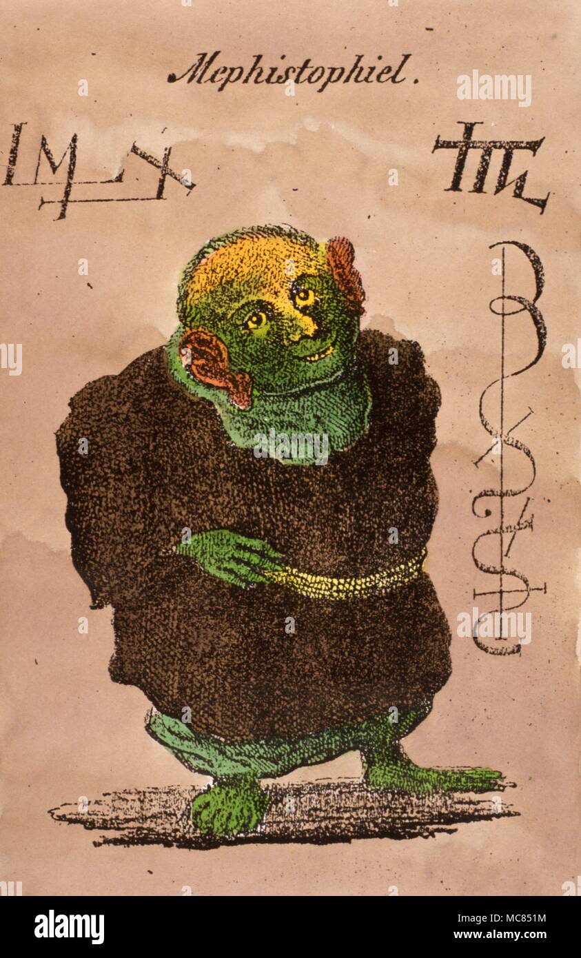 Portrait de l'Mephistophiel démon, avec un certain nombre de ses cachets. À partir de l'édition 1851 de l'Bucherschatz « docteur Faust.' Banque D'Images