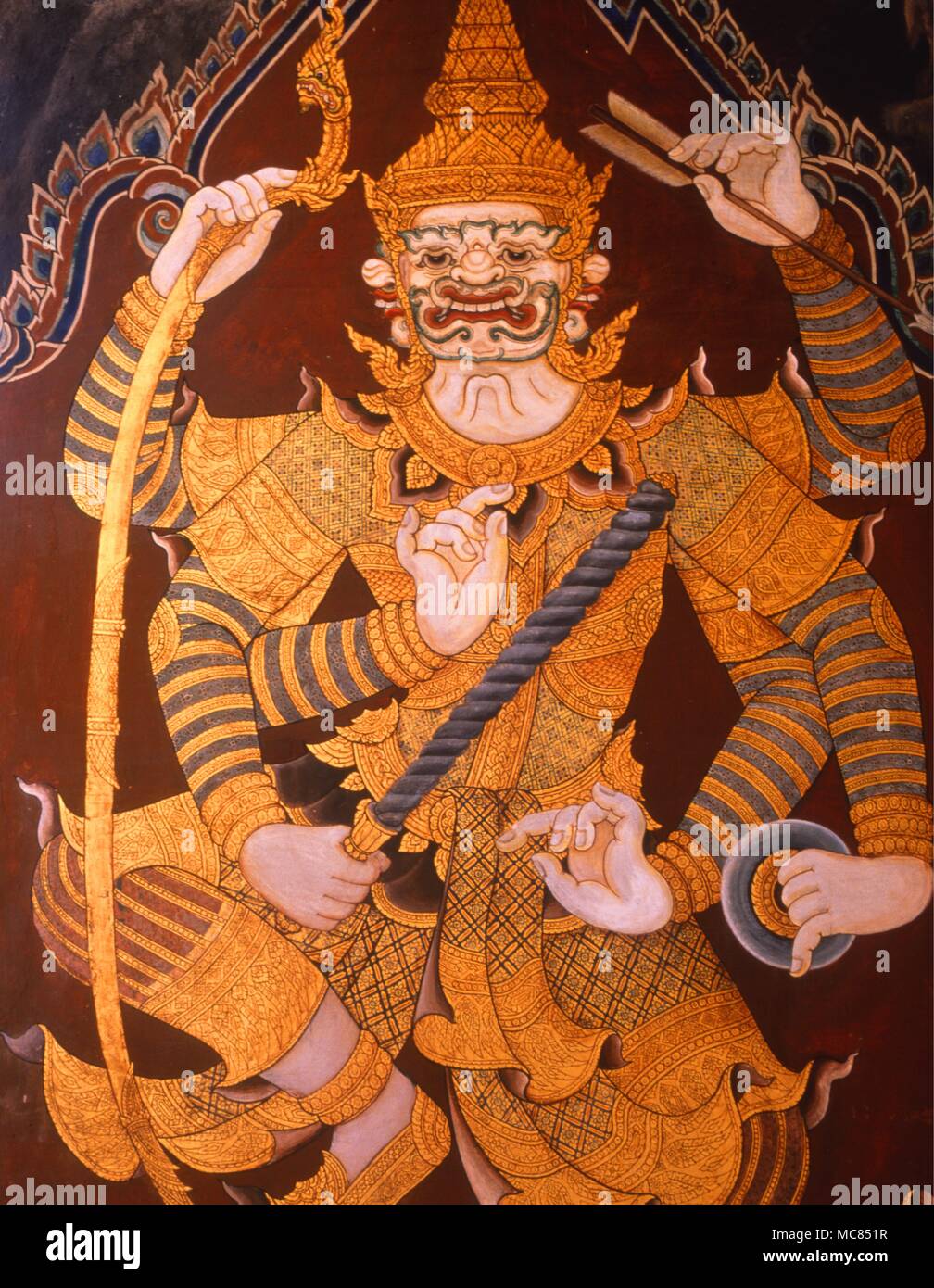 Un démon armé suix-roi sur l'intrior fresques du Grand Palais à Bangkok, Thaïlande. Dix-huitième siècle. Banque D'Images