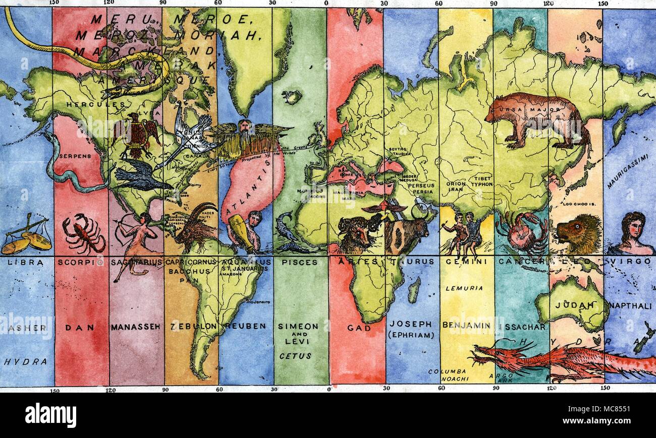 Astro astrologie - Géographie - Atlantis La carte du monde divisé en 12 bandes verticales, correspondant à la longitude, avec un arrangement des signes du zodiaque, en lien avec les douze tribus d'Israël. La fabuleuse Atlantide tombe sous l'influence du Verseau et Ruben, tandis que la côte est d'Amérique tombe sous le Capricorne et Zabulon. Californie tombe sous le Sagittaire et Manassé. L'ensemble des États-Unis est sous l'influence de la constellation de la Lyre, tandis que la Russie est sous la Grande Ourse, la Grande Ourse. À partir de P b Randolph, de l'âme ! L'Âme du Monde : les maisons des morts, Banque D'Images