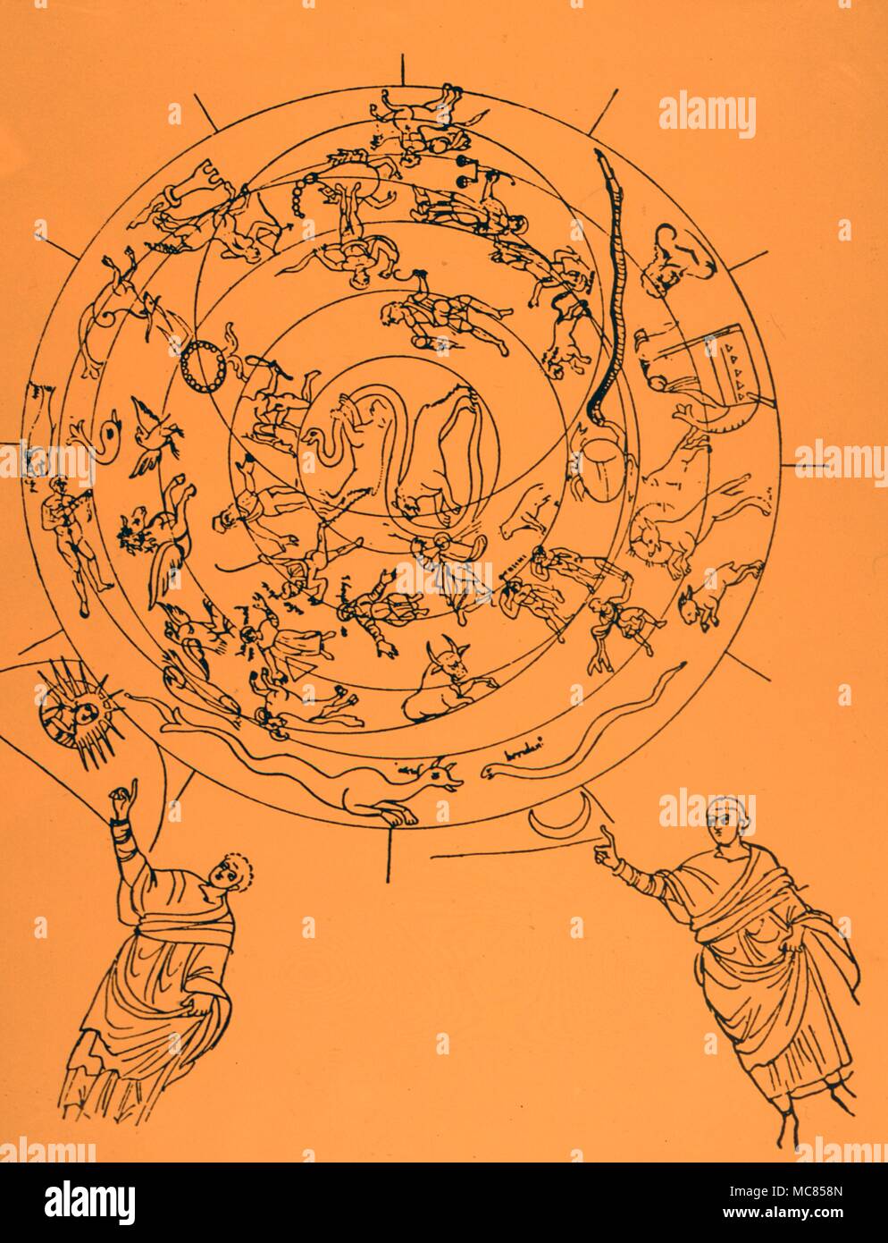 Constellations constellation antique map, personfication avec du soleil et de la Lune et les astérismes du zodiaque. Une carte basée sur la fin du roman d'après George Thiele 1898 Himmelsbilder Antike Banque D'Images