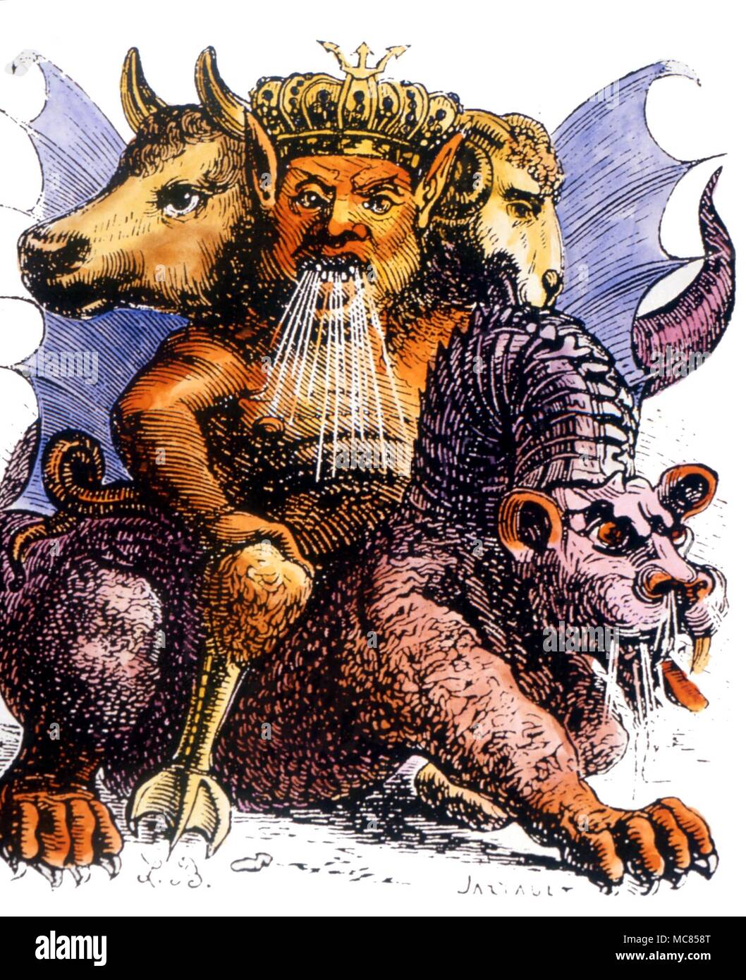 Asmodée, le démon qui apparaît à trois têtes - un humain, que l'un d'un taureau et le troisième à l'image d'un ram. Il monte un monstre. L'une des illustrations de Collins de Plancy, Dictionnaire Infernal - édition 1863 Banque D'Images