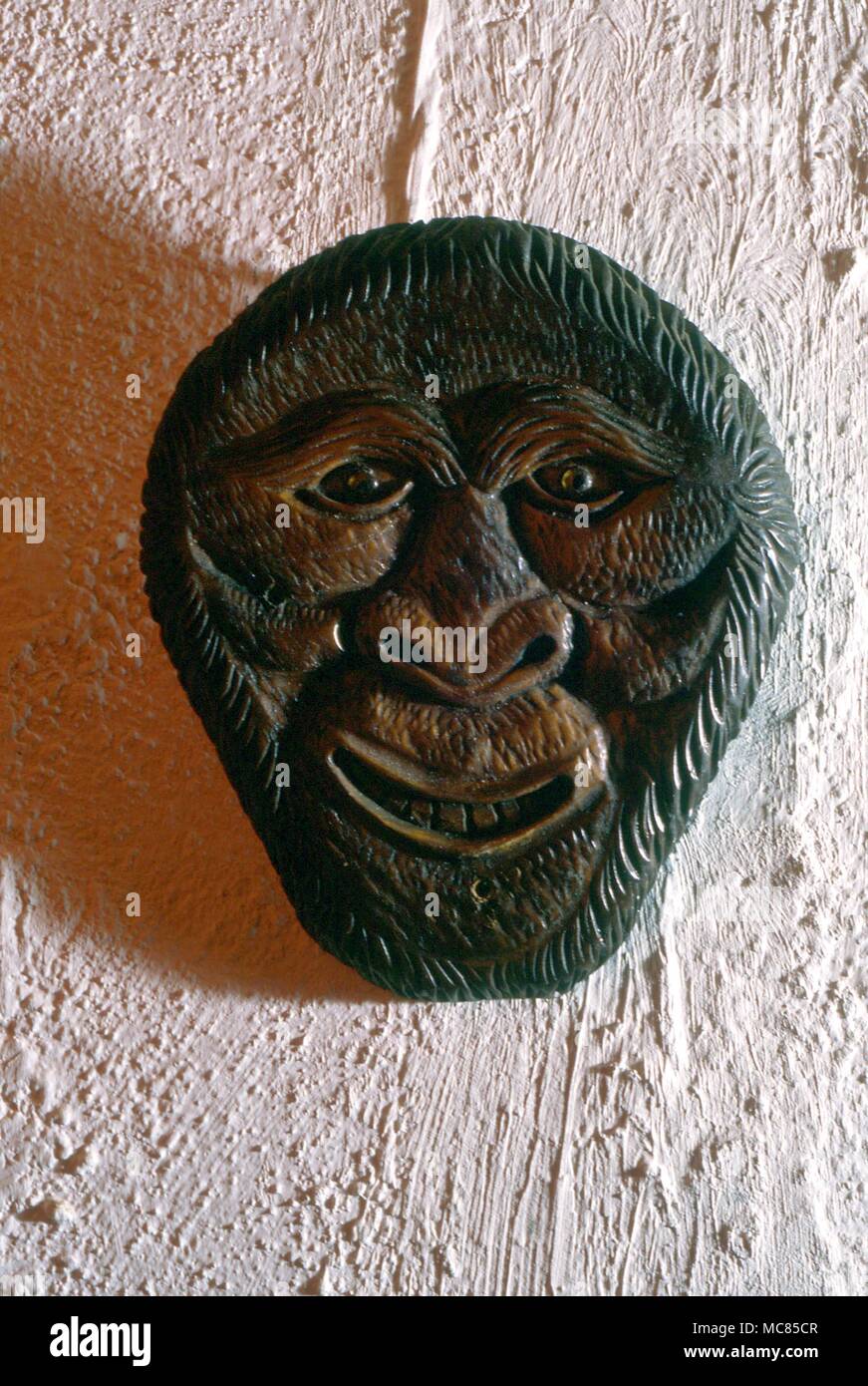 La sorcellerie. 'Demonic' en bois masque en bois face, utilisé dans les rituels de la Wicca qu'au milieu du 20e siècle. Collection privée. Banque D'Images