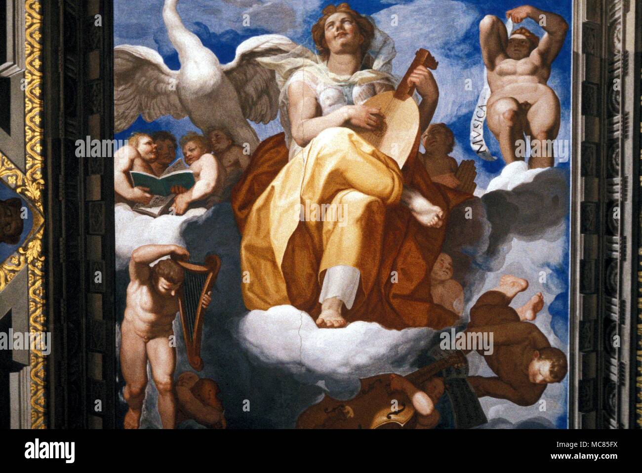 Personnification de la musique. Plein air dans le plafond de la Grande Bibliothèque dans le palais de l'Escorial, Espagne. Banque D'Images