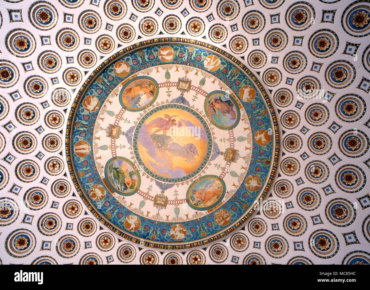 Zodiaque - Washington DC. Zodiaque complet sur le plafond peint par Elmer Ellsworth Garnsey, vers 1897, dans le sud-est de la Bibliothèque du Congrès, Washington DC. Banque D'Images