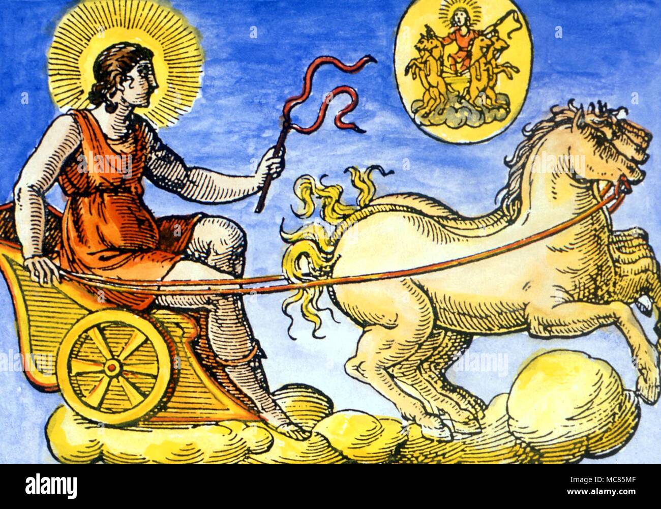 La mythologie grecque Aurora, la déesse de l'aube, dans son chariot tiré par un cheval ailé, pour porter le flambeau de la "nouvelle lumière". De Natalia Comitis, 'Mythologiae, Lib. V', édition du 17e siècle Collection privée. Banque D'Images