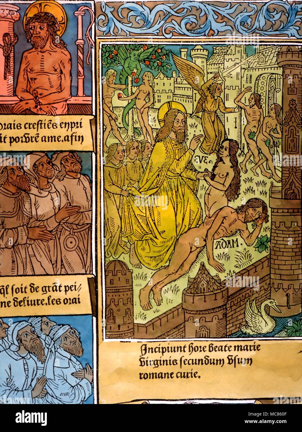 CHRISTIAN La création d'Ève à partir du corps d'Adam. Détail de gravure sur bois à partir de la Bible, vers 1510 Banque D'Images
