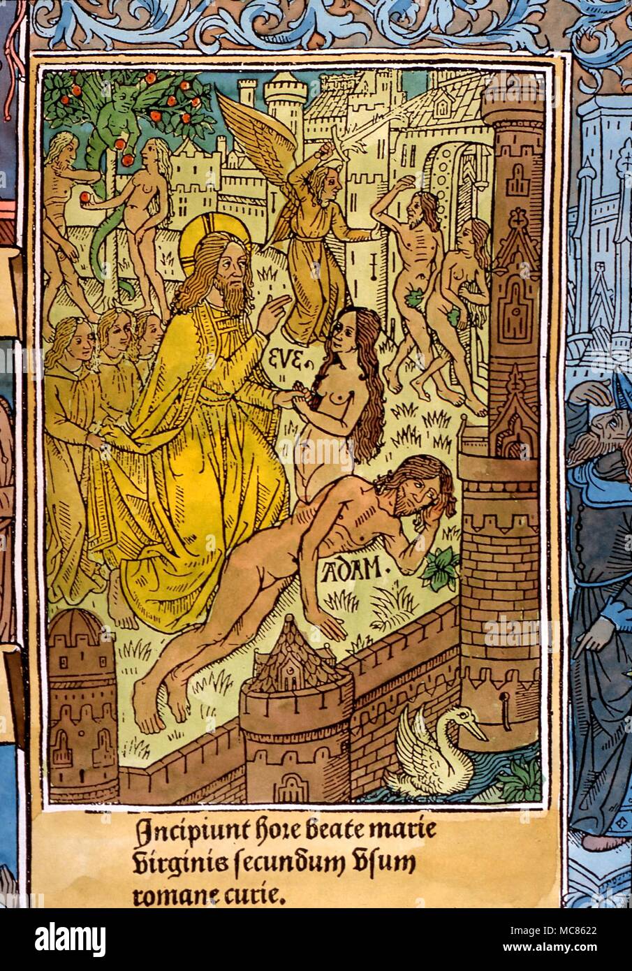 CHRISTIAN Création d'Eve à partir du corps d'Adam. Détail de gravure sur bois à partir de la Bible, vers 1510 Banque D'Images