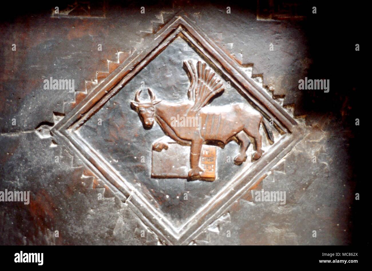 Image chrétienne de saint Luc, sous la forme du taureau du Taureau. Sculpture en bois sur les sièges de la cathédrale de Matera, Italie Banque D'Images