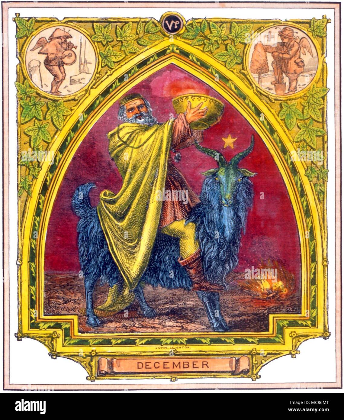 Christmas Wassail Bol. En décembre, y compris les symboles sigil pour Capricorne, et la chèvre du zodiaque, monté par un homme tenant la Wassail bol, une personnification du mois. Des chambres "Livre de jours', c. 1860 Banque D'Images