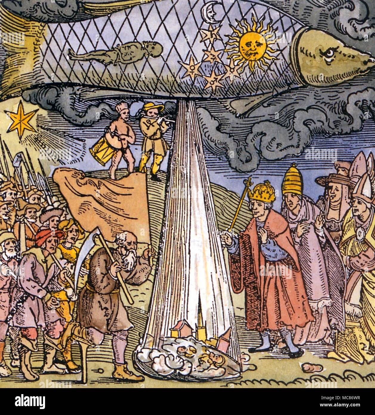 Prédictions et prophétie gravure sur bois illustrant le déluge qui devait détruire des villes entières, en raison de l'satellitium en poissons. À partir de 1524, Practika Reymann Banque D'Images