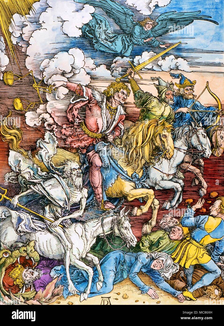 Prédictions et prophéties les quatre cavaliers de l'Apocalypse, après les 1517 imprimer d'Albrecht durer, basée sur la description par St John Banque D'Images