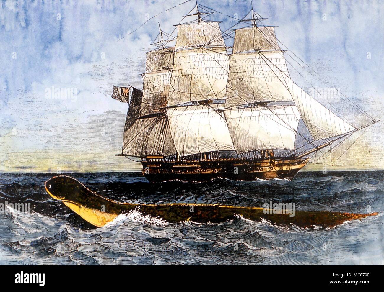 Monstres - 19e siècle gravure montrant le serpent de mer vue de la frégate, HMS Daedalus, entre Sainte-Hélène et Cap de Bonne Espérance, Août 1848 Banque D'Images