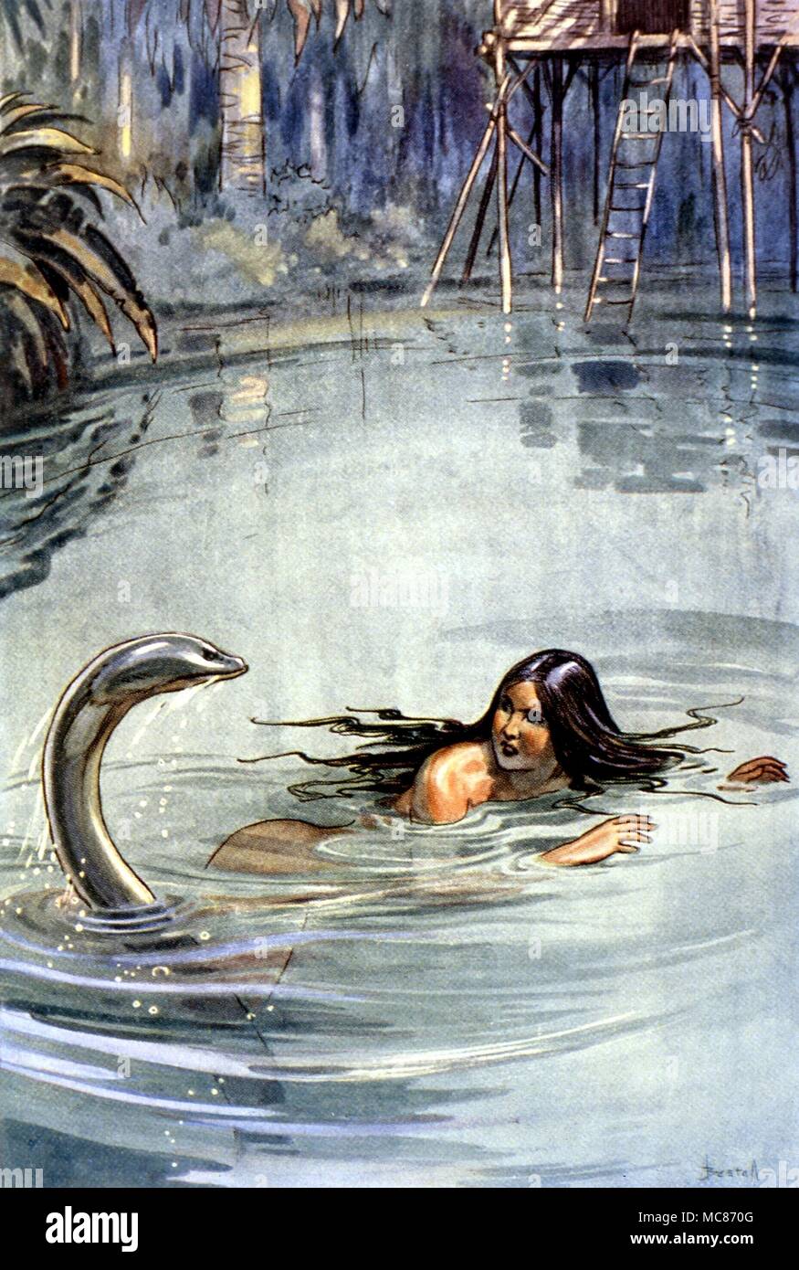 Monstres - Illustration par l'anguille géante Bestall au conte polynésien de la façon dont l'arbre de la noix de coco a été cultivé, à la suite de la réunion de l'Ina et le Dieu de l'Anguille, qui est un avatar d'un dieu Banque D'Images