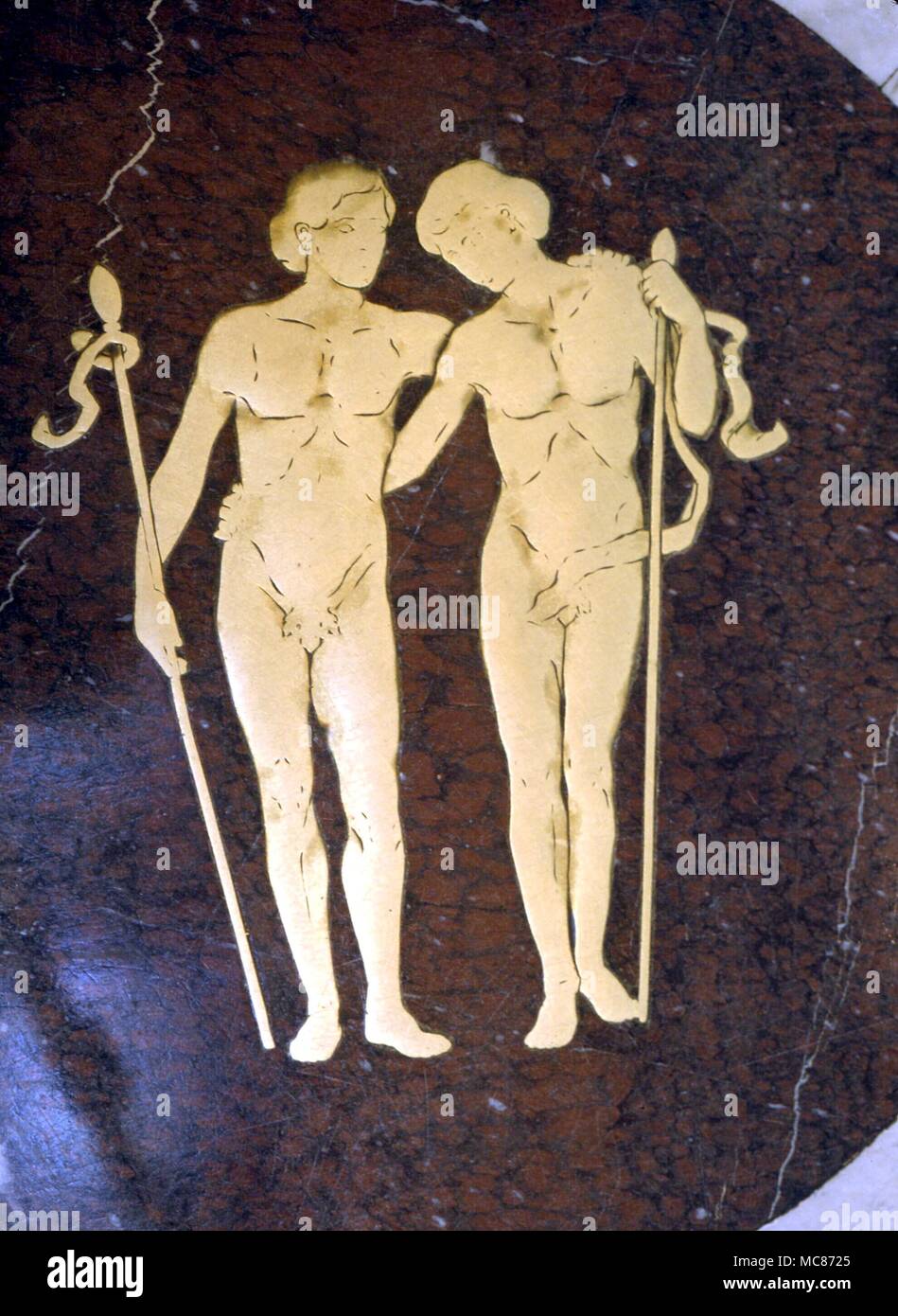 Astrologie - cercle zodiacal, l'ensemble des images en laiton à l'intérieur d'un en surround, dans le plancher de la Library of Congress Hall. Washington DC. 19e siècle. Les Gémeaux Banque D'Images