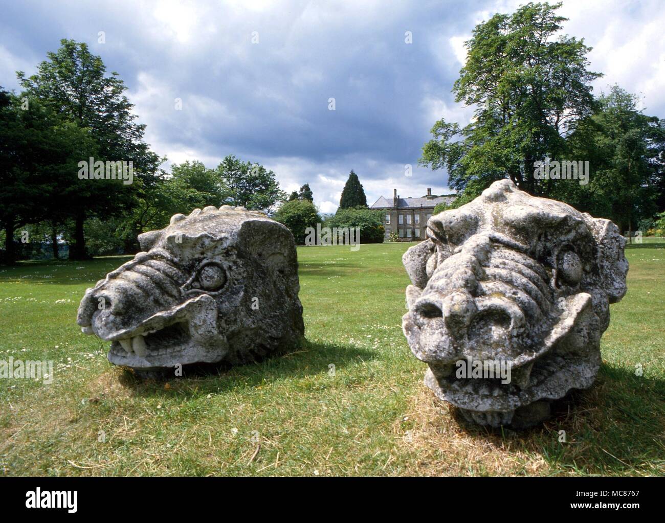 Endroits étranges la pierre griffin chefs sur la pelouse de Wallington Hall ont été portés vers le nord de l'Angleterre comme ballast du navire, après qu'ils aient été démantelés à partir de l'une des anciennes portes de la ville de Londres Banque D'Images