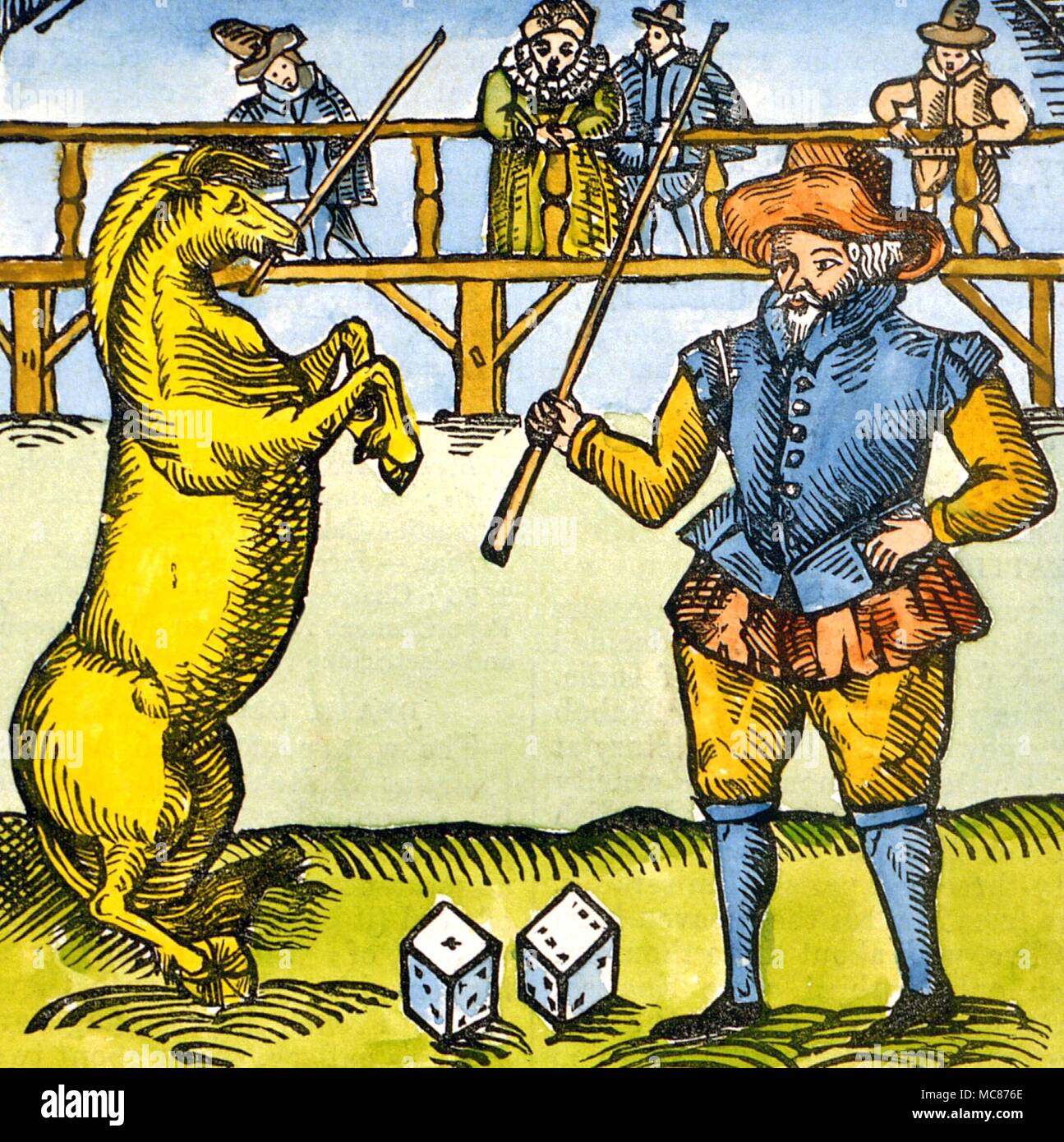 D'étranges phénomènes 'cheval intelligent le cheval merveilleux" de 1595, a appelé le Maroc, exposé à Belle Savage Inn yard (Londres). Il peut danser, porter des messages, nombre, et déterminer le nombre de dés lancés sur une (en bas au centre) de 1595 Maroccus Exstaticus. Banque D'Images