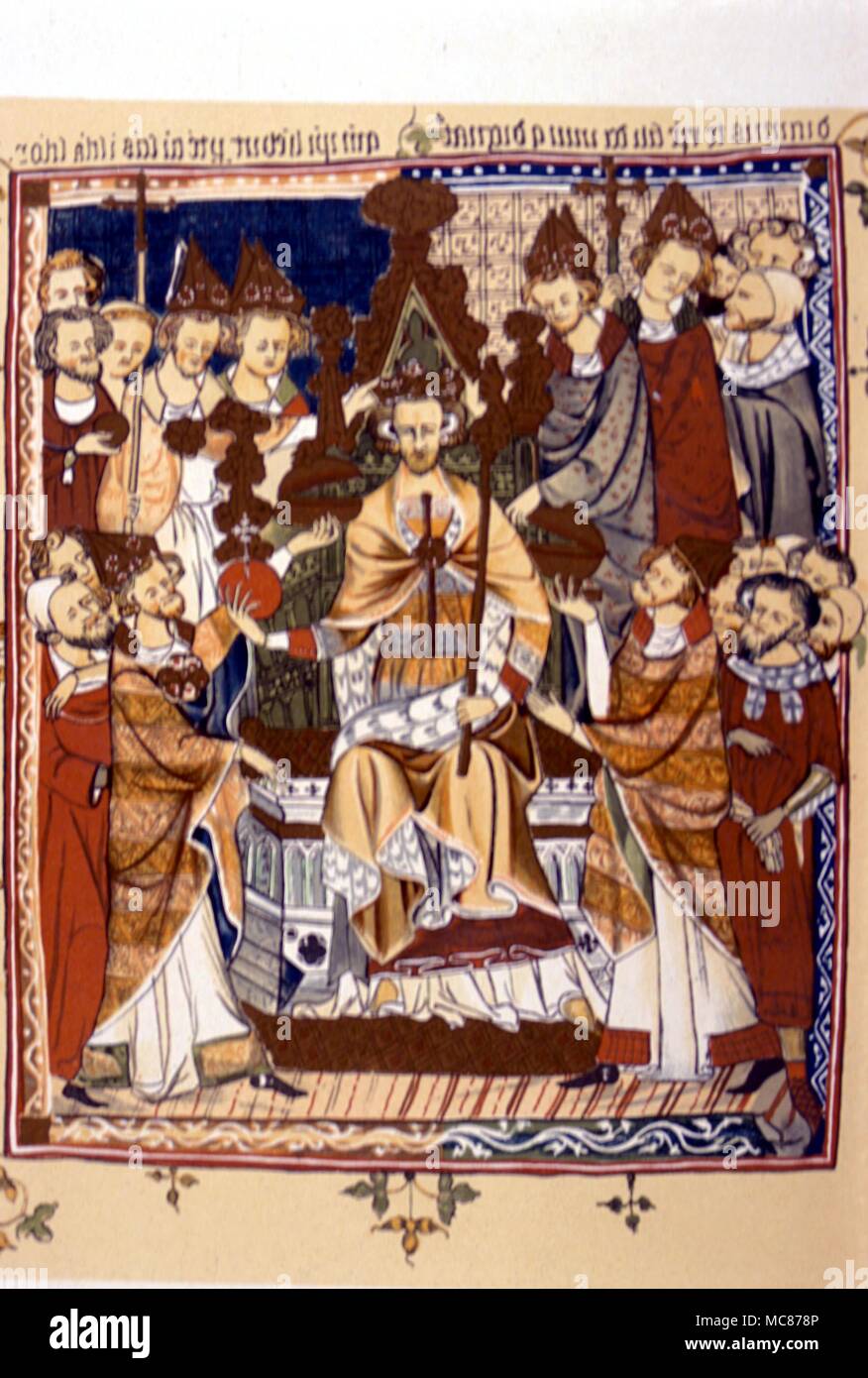 Histoire - BRITISH le couronnement d'un roi. Début du 14ème siècle, dans un 19e siècle copie de la lithographie, de Corpus Christi MSS. Cambridge. Banque D'Images