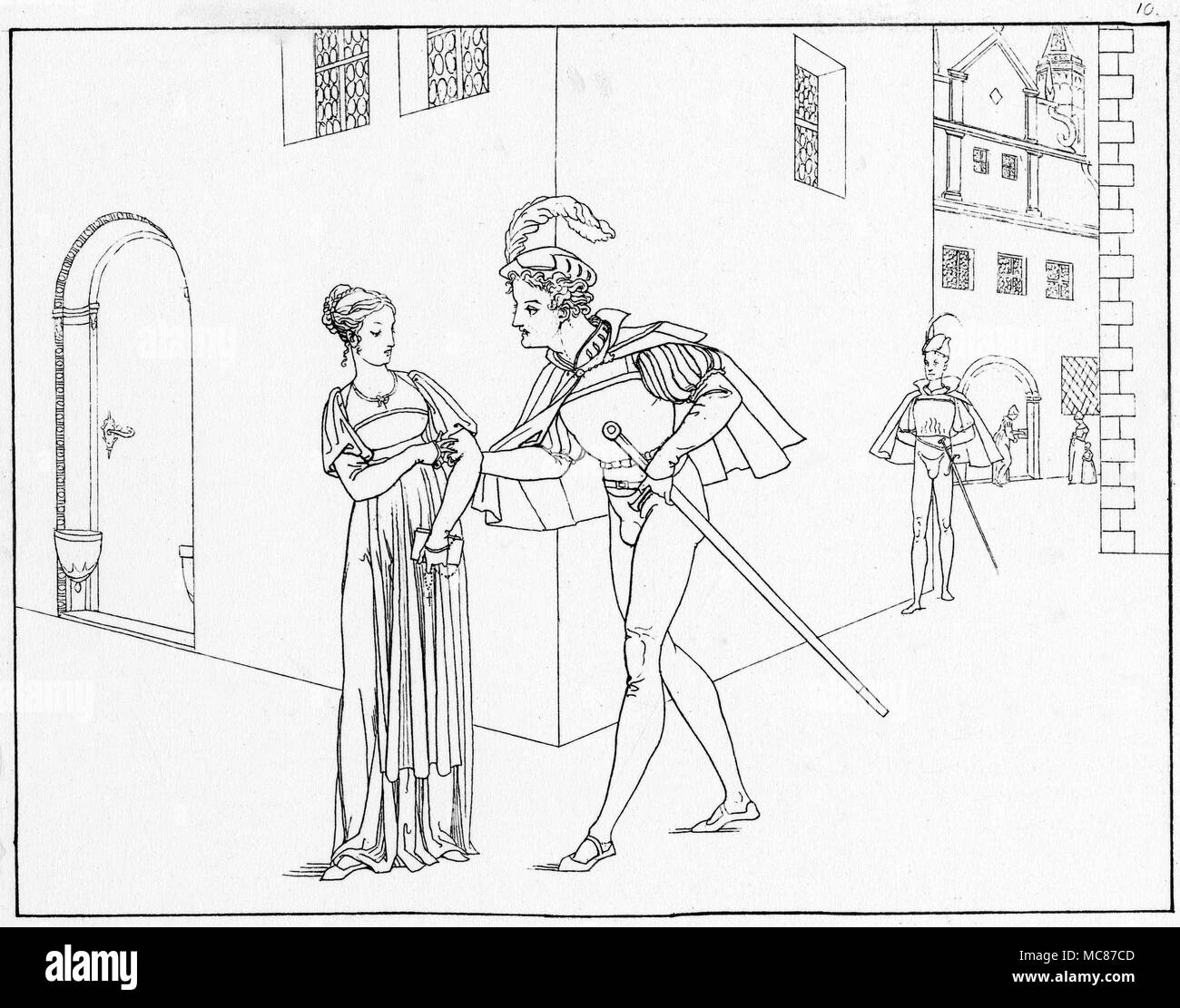 Démons - FAUST - MEPHISTOPHELES - MARGARET encore intoxiqué avec le secret de l'alcool, Faust voit Margaret dans la rue, et (sous l'influence de l'alcool) pense qu'elle est la plus belle femme du monde. Il insiste que Mephistopheles obtenir sa pour ses fins néfastes. Mephistophelese dit qu'elle vient d'arriver de l'église, où elle a été absous de tous ses péchés. Comme une innocente créature, il n'a aucun pouvoir sur elle, et il n'est pas possible de la prendre par la force. Faust insiste sur le fait qu'elle doit être la sienne, et au lit avec lui par la nuit. Faust Méphistophélès ordonne alors de trouver une suita Banque D'Images