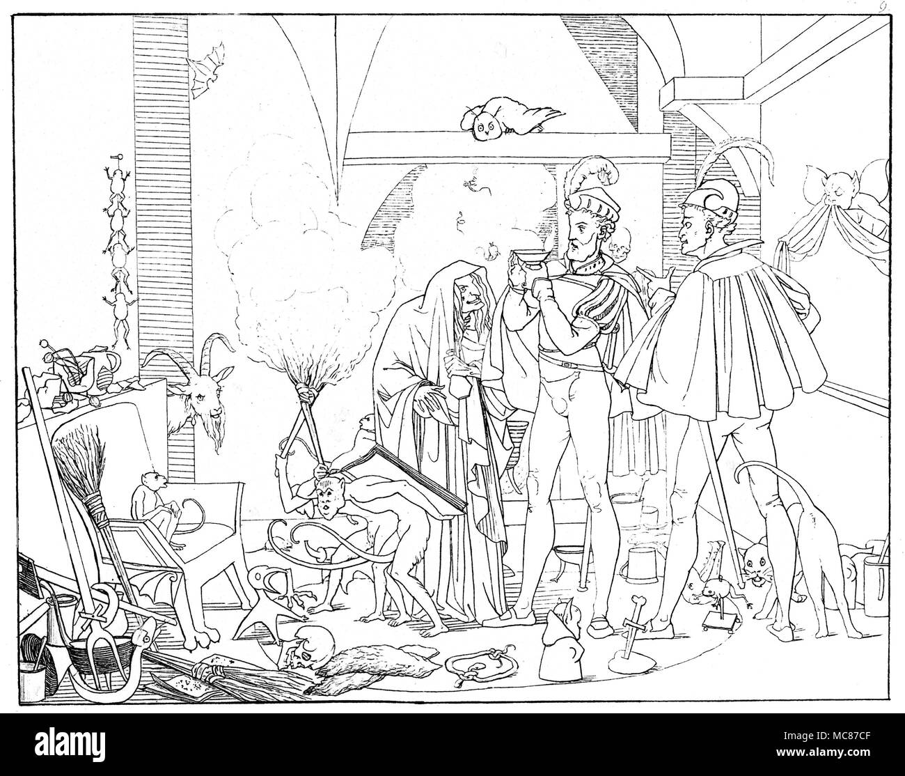 Démons - FAUST - MEPHISTOPHELES - Sorcière la sorcière est apparu dans la cheminée, et reconnaît Mephistopheles. Ils boivent de l'alcool qui coulerait Faust dans des circonstances normales. Elle dessine un cercle magique sur le sol, et le remplit avec les symboles appropriés, avant de remettre la coupe à Faust, qui le boit sans dommage. Comme Faust boissons, une flamme de questions la tasse. No 9 en gravure Umrisse Faust de Goethe. Gezeichnet von Moritz Retsch, 1836. Il y avait deux premières éditions de la Retsch série de dessins pour jouer de Goethe, Faust. La plus belle a été Umrisse Faust de Goethe. Ge Banque D'Images