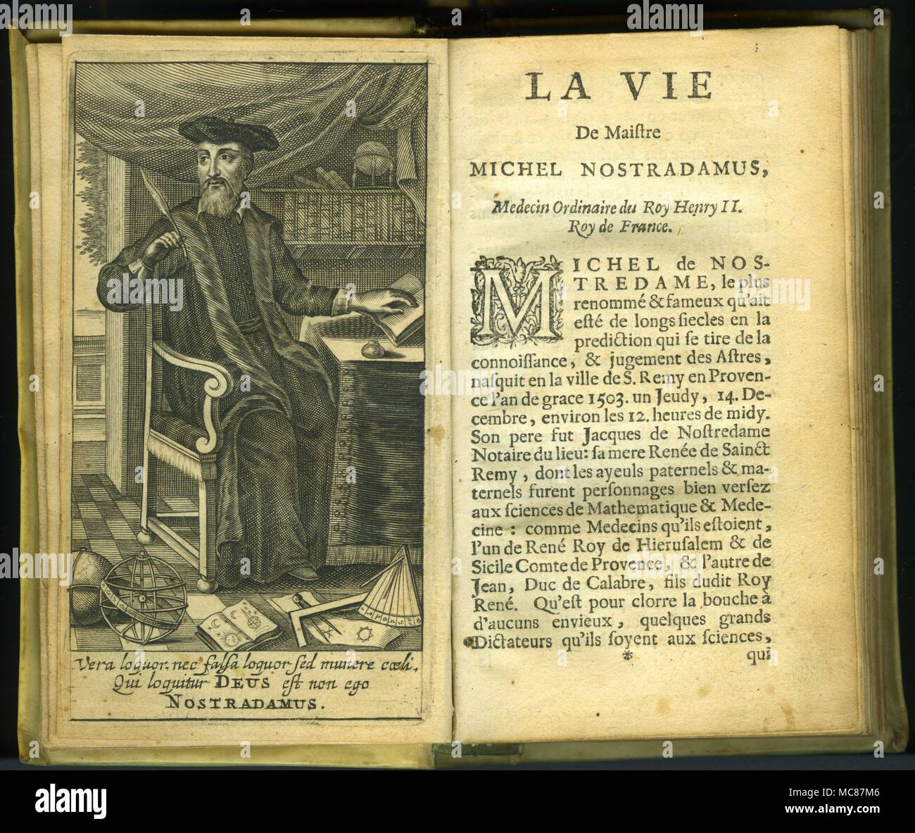Frontispice de la "Vie" de Nostradamus dans l'édition d'Amsterdam 1668 'Les Propheties" publié par Jean Iansson. À partir de la bibliothèque de David Ovason. Banque D'Images