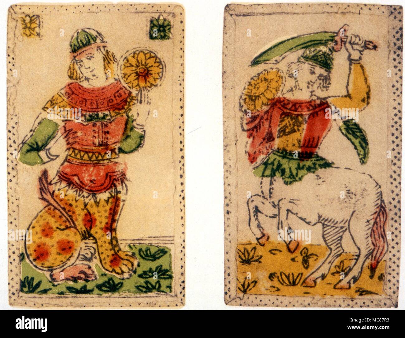 Cartomancie Cartes à jouer cartes Minchiate une paire de cartes cavalier d'épées et de valet de pièces d'un ensemble de 1650 Minchiate florentin Banque D'Images