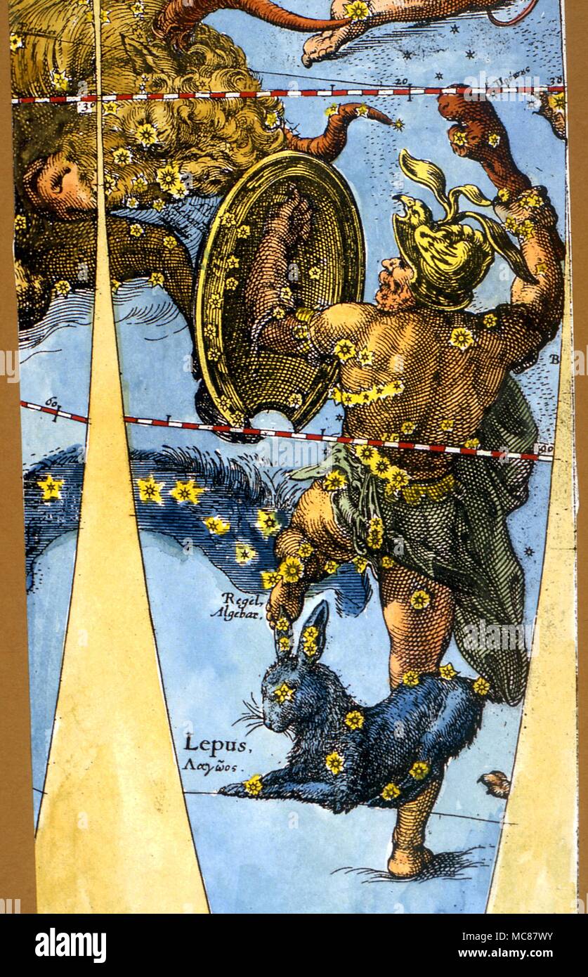 Constellations et étoiles détail cartes d'Orion et le lièvre (Lepus) avec taureau à l'angle supérieur gauche une plaque de la fin du 18ème siècle à partir d'un livre anglais de cartes d'abonnement Constellation Banque D'Images
